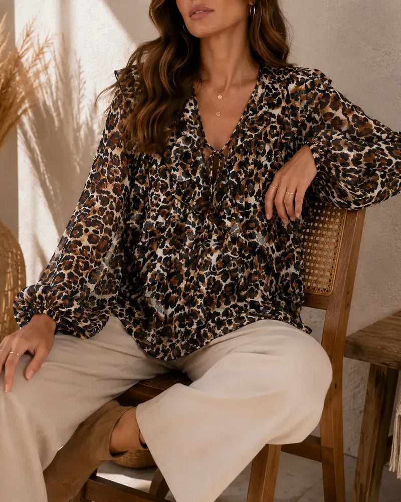 V-Neck Lace-Up Leopard Print Long-Sleeve Top