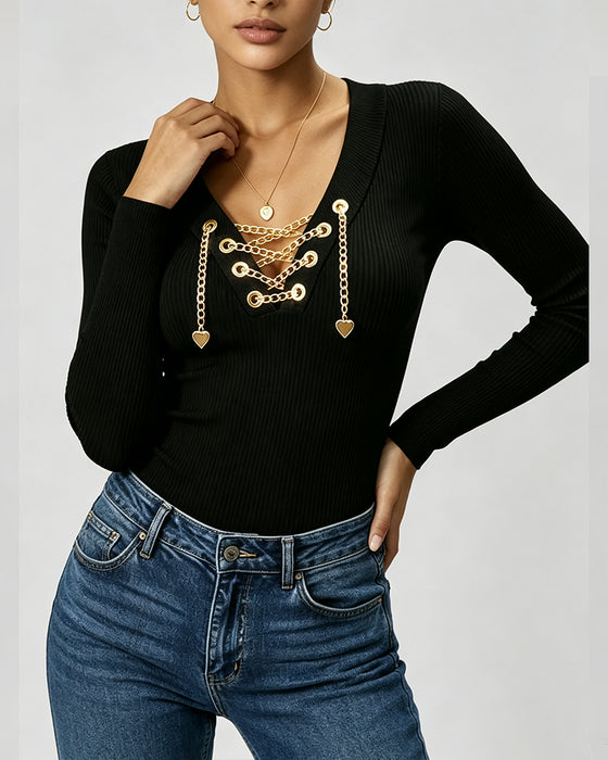 Chain Embellished V-Neck Long Sleeve Top
