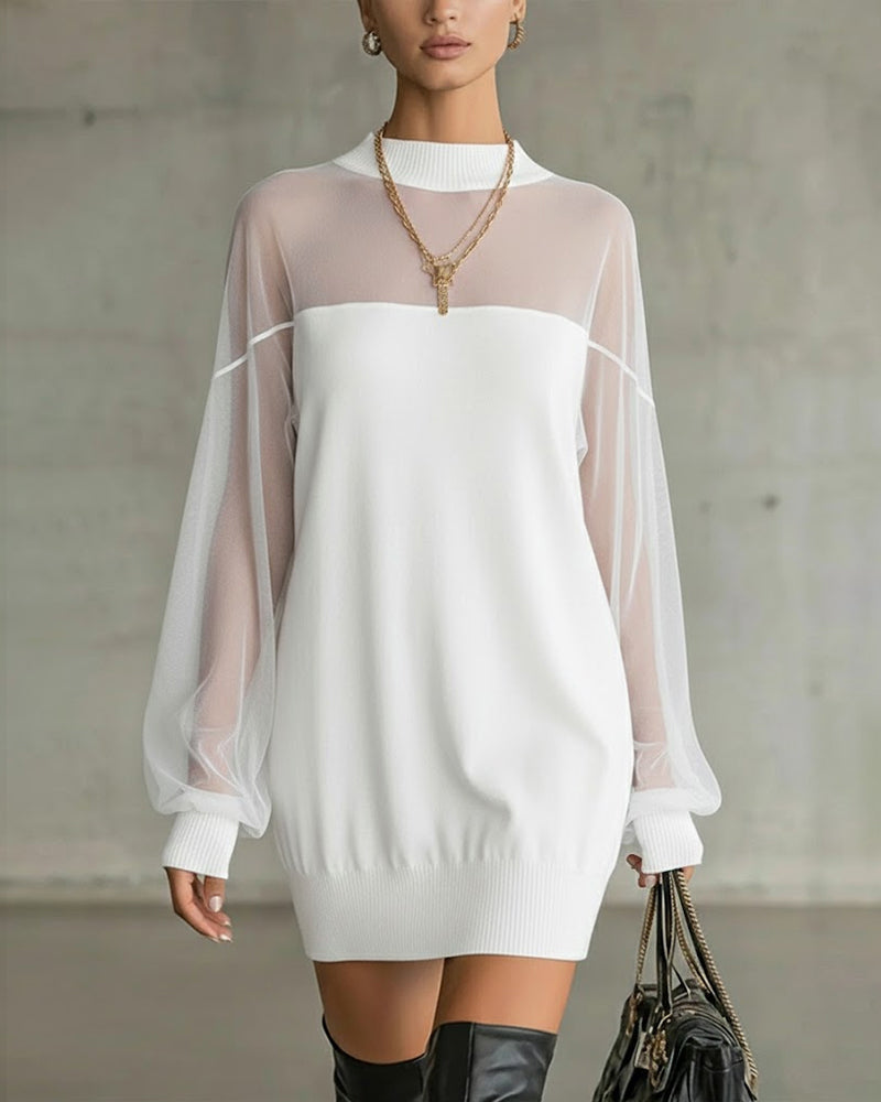 Lantern Sleeve Solid Color Patchwork Dress