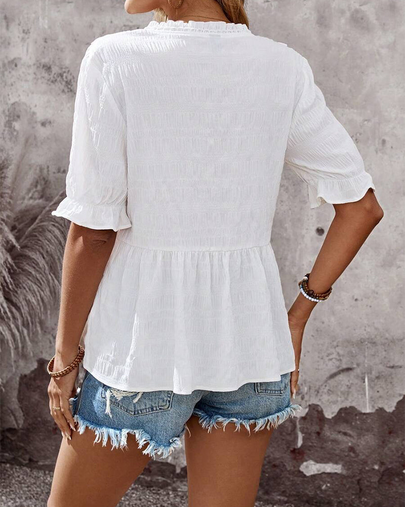 V-Neck Ruffle Solid Babydoll Blouse
