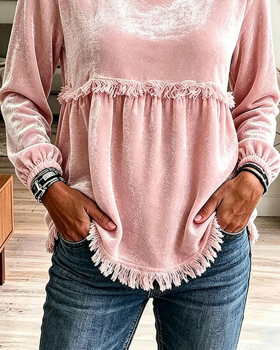 Fringe Smocked Panel Long Sleeve Blouse