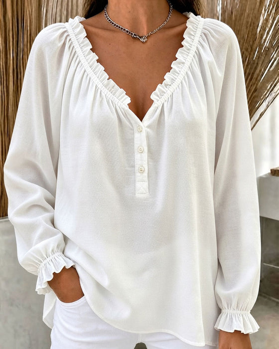 Ruffle Edge Long Sleeve V-Neck Blouse