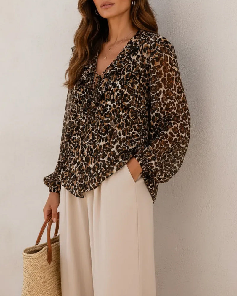 V-Neck Lace-Up Leopard Print Long-Sleeve Top