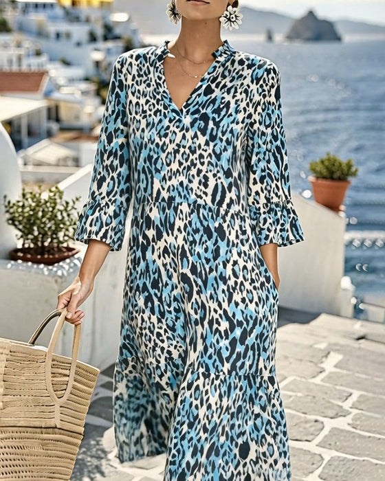 Ruffle Gradient V-Neck Leopard Dress