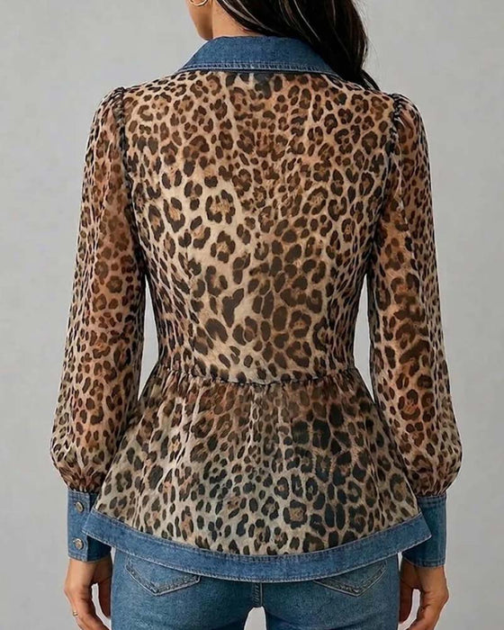 Denim Leopard Patchwork Waist-Cinching Blouse