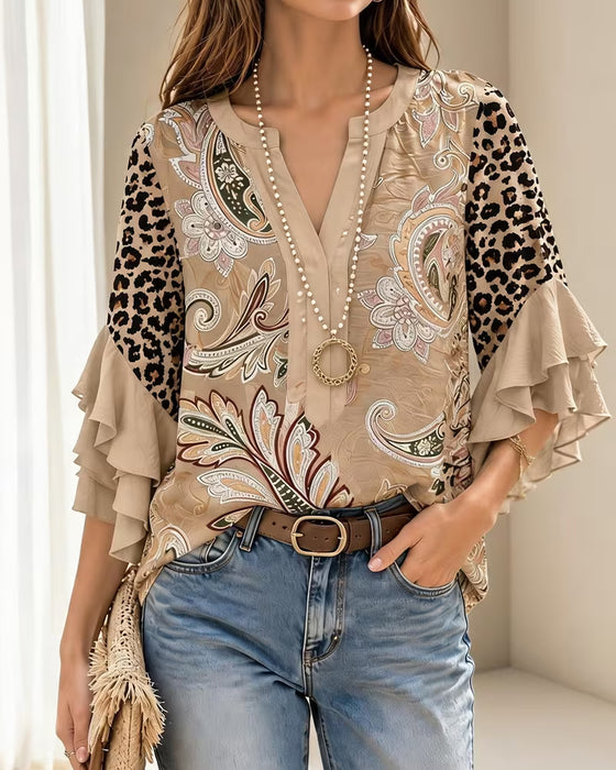Leopard Print Panel Ruffle Sleeve Blouse