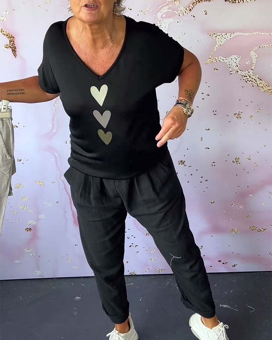 V-neck short-sleeved heart blouse