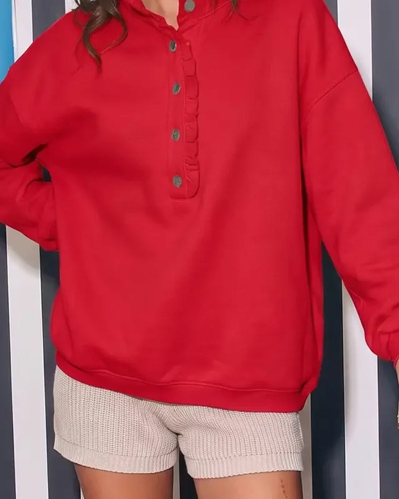 Ruffled Buttoned Long-Sleeved Loose Sweatshirt