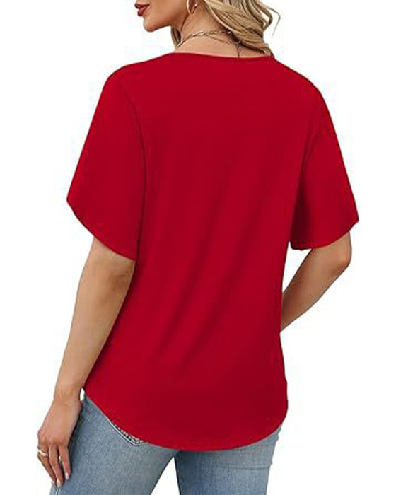 V-Neck Small Slit Short Sleeve Solid T-Shirt