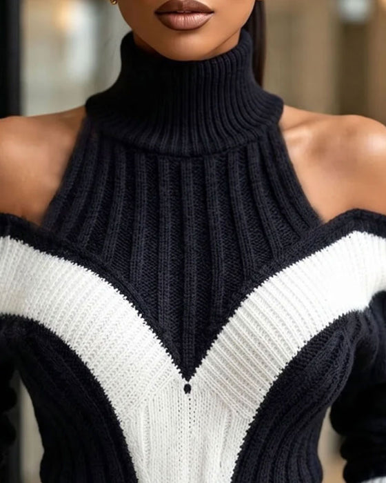 Turtleneck Cold-Shoulder Color Block Pullover