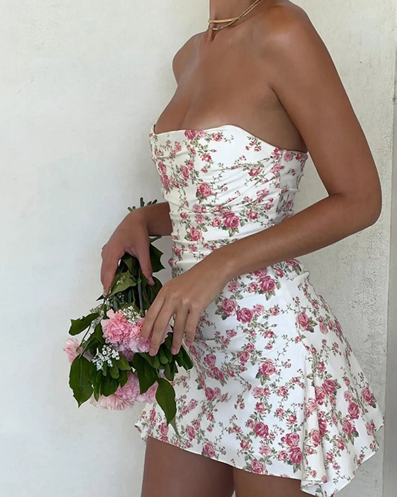 Tiny Floral Ruched Slimming Strapless Dress