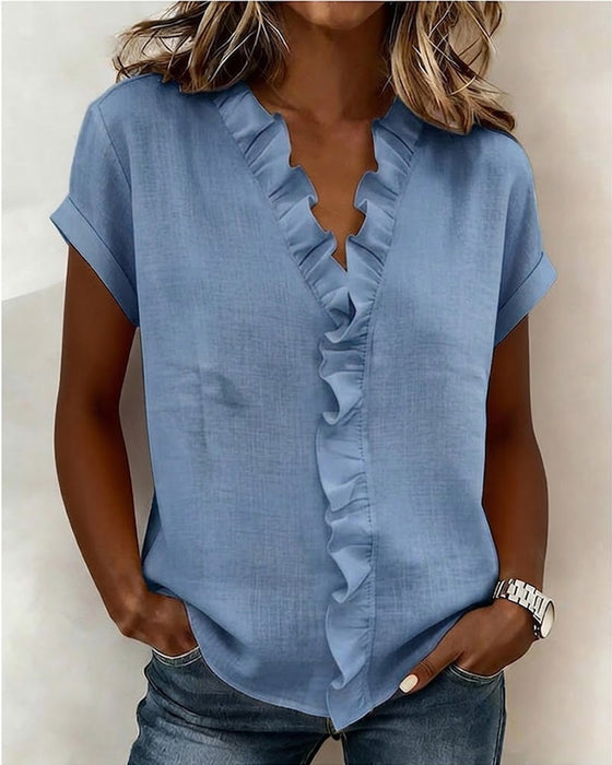 Pure Cotton Short-Sleeved Blouse With Ruffled Collar