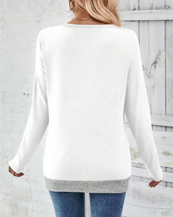 V-Neck Long-Sleeved Contrast Color Top