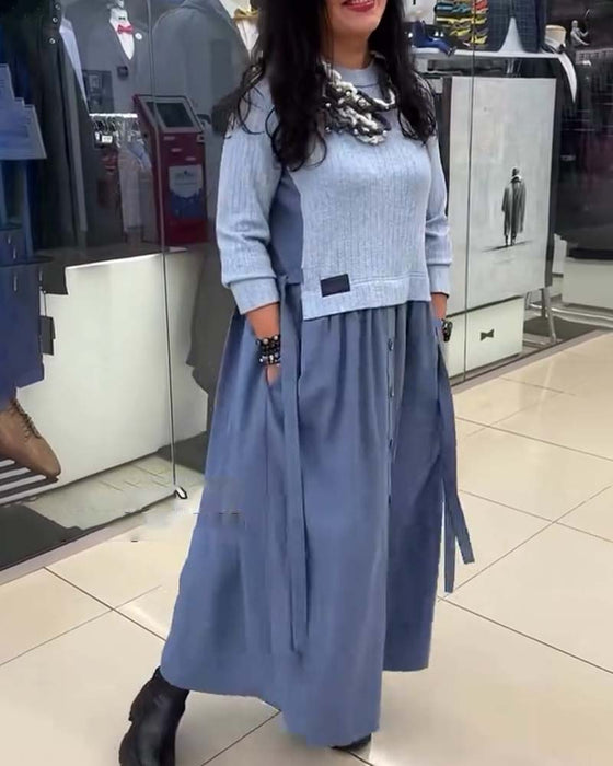 Casual Color-Blocked Round Neck Dress