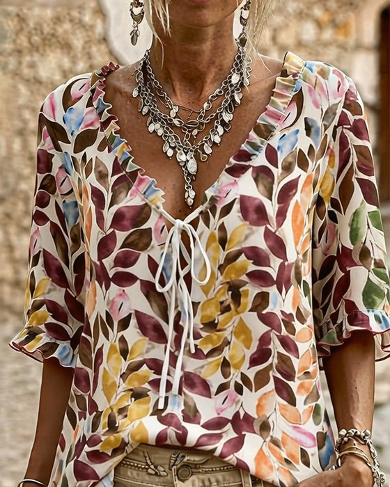 Casual Print Ruffle Sleeve Blouse