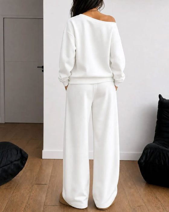 One Shoulder Casual Sweatshirt Long Pants Set