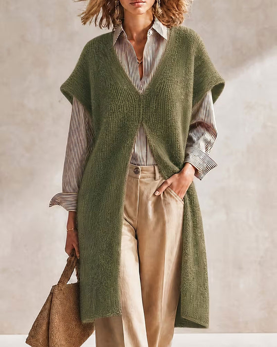 Solid Color V-Neck Sweater Dress