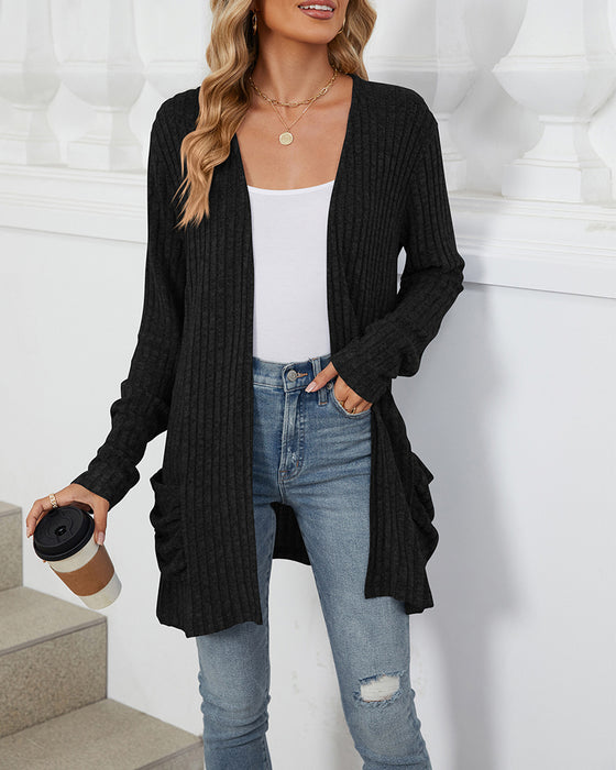 Casual solid color pocket long sleeve cardigan