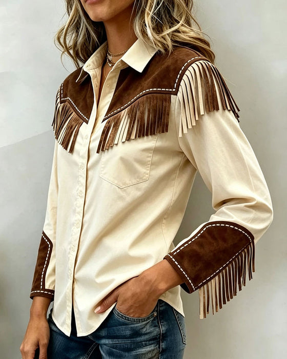 Fringed Splicing Contrast Color Long Sleeve Shirt
