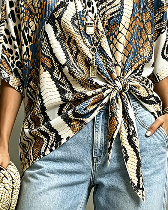 Animal Print Patchwork V-Neck Bandage Top
