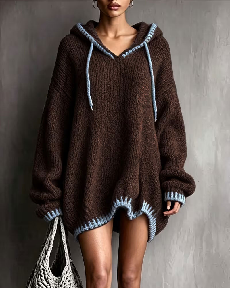 Contrast Drawstring Hooded Sweater Dress