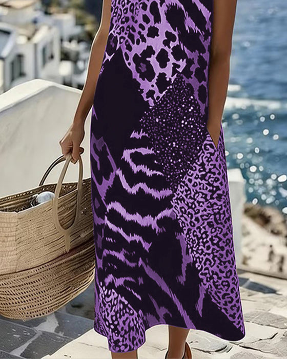 Patchwork Leopard Print Sleeveless Long Dress