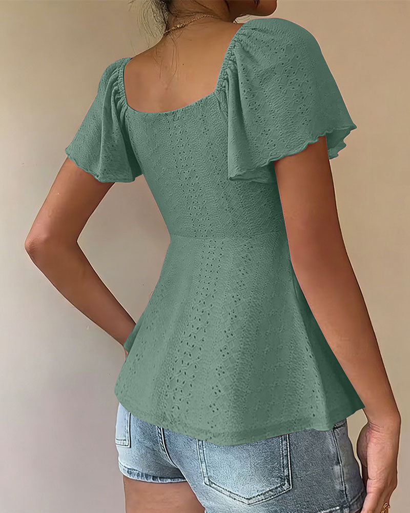 Hollow-Out Drawstring Short Sleeve Solid Color Blouse