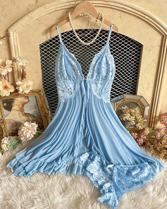 Ladies' Sexy Ruffle Trim Lace Cami Nightdress & Bow Decor Panty Set