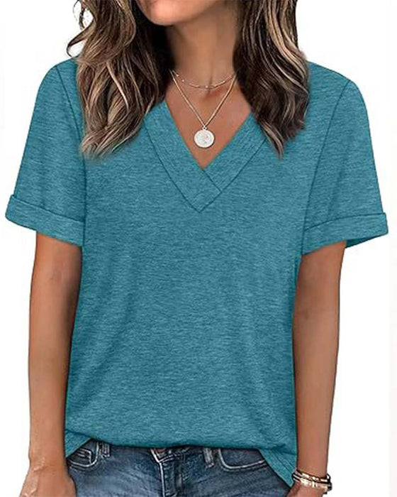 Solid V-Neck Casual Short Sleeve T-Shirt