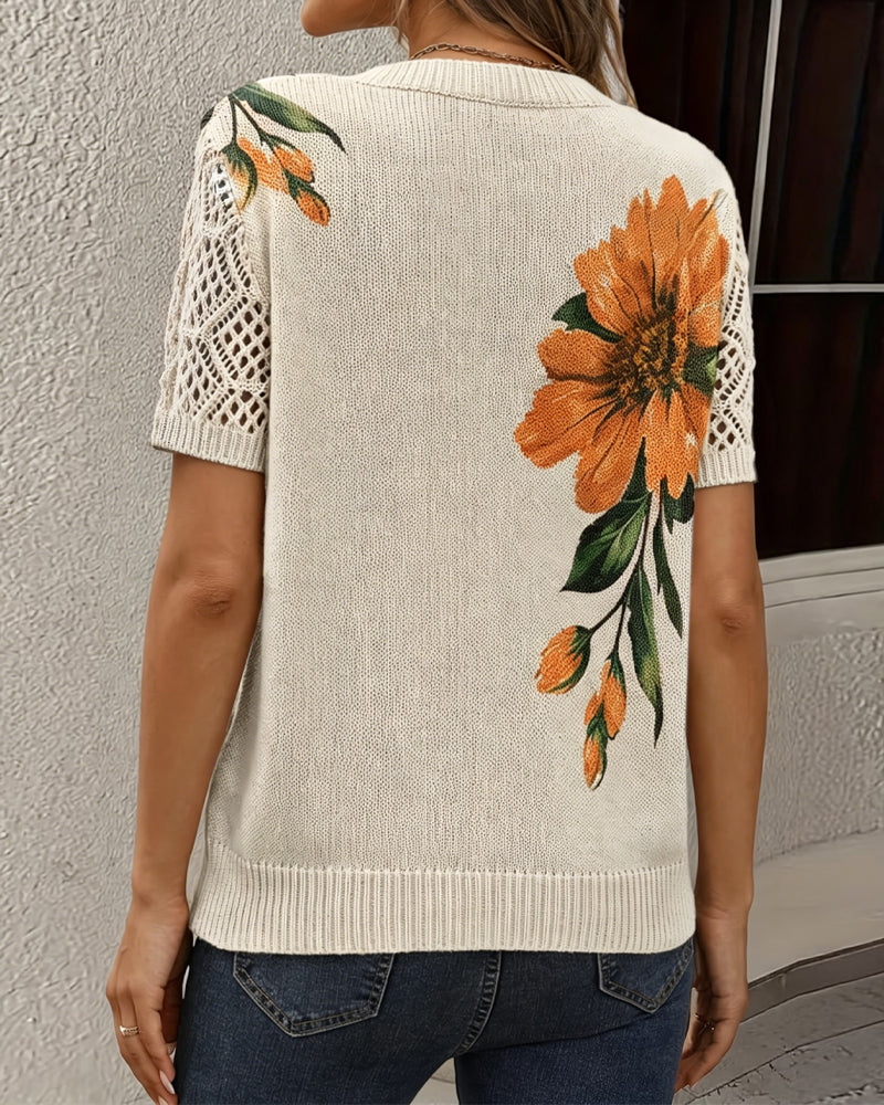 V-Neck Knitted Floral Pullover