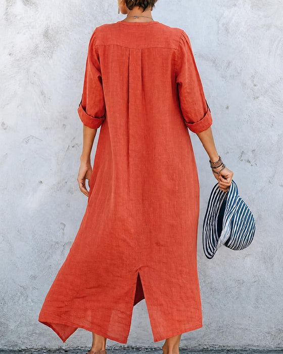 V-Neck Button A-Line Long Dress