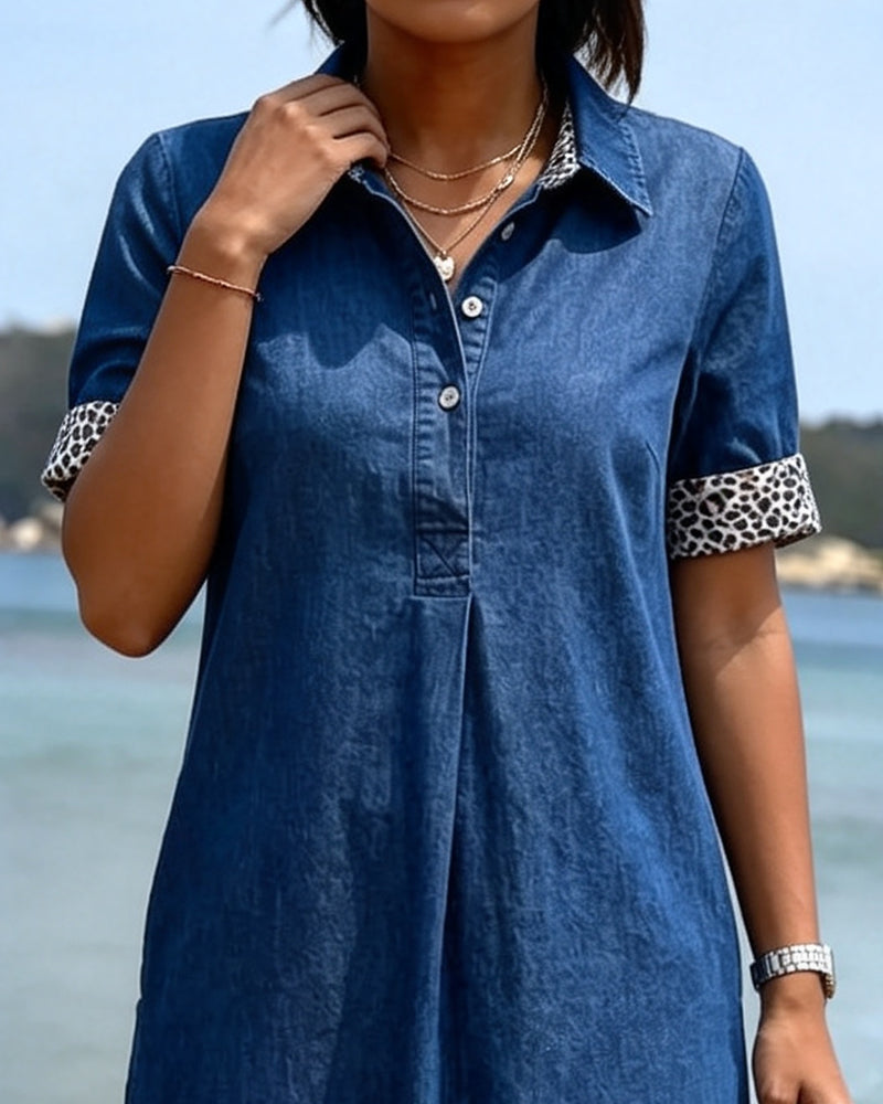 Leopard Patchwork Lapel Short Sleeve Dress