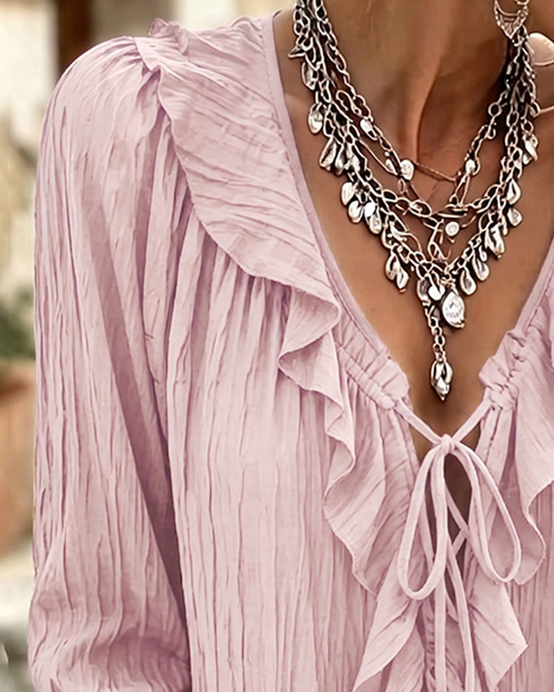 Ruffle Trim Lace-Up Long Sleeve Blouse