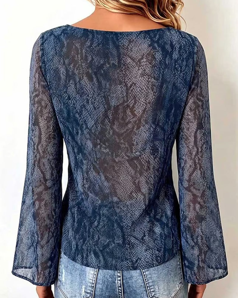 Snakeskin Mesh Drape-Neck Blouse