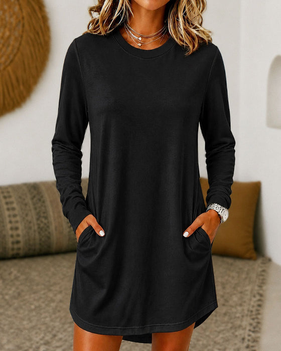 Crew Neck Pocket Casual Dress