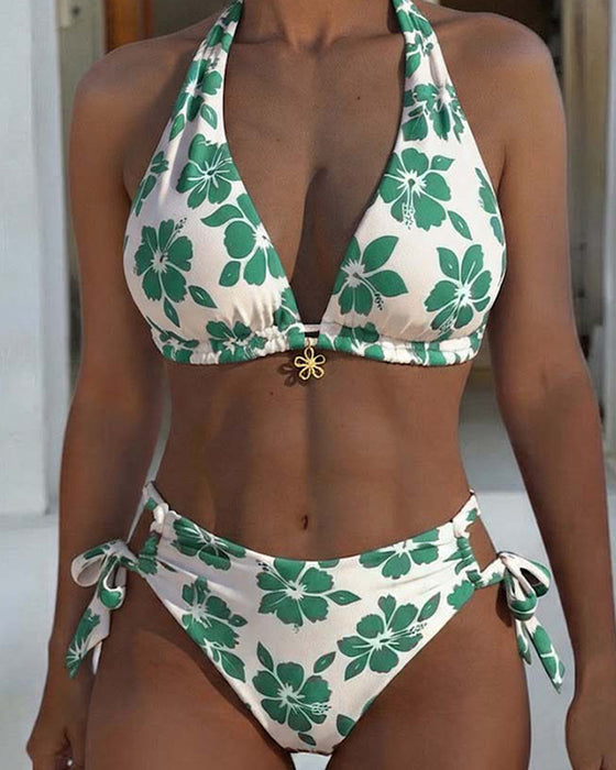 Hibiscus Print Halter Bikini