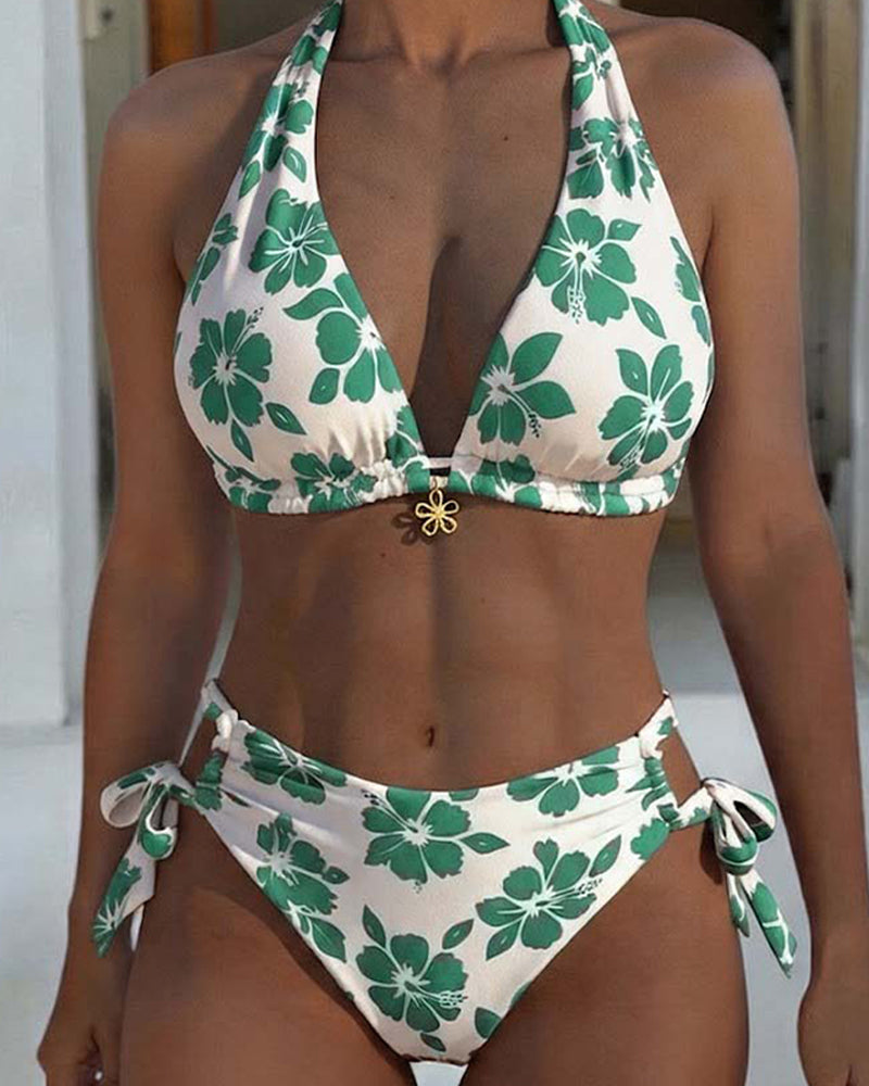 Hibiscus Print Halter Bikini