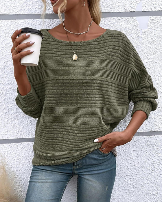 Solid Color Round Neck Long Sleeve Striped Top
