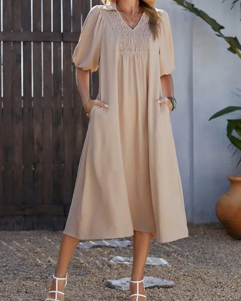 V-Neck Flap Puff Sleeve Maxi Dress