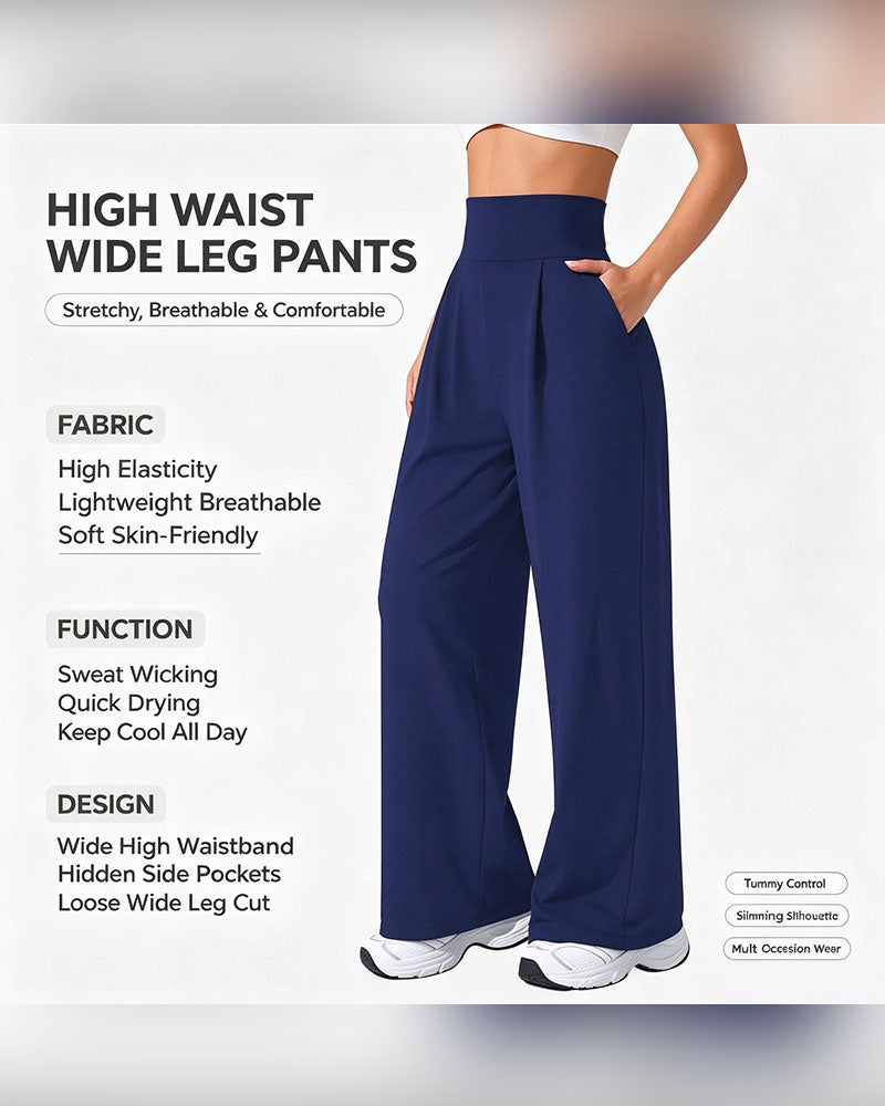 High Waist Pocket Solid Color Wide Leg Pants