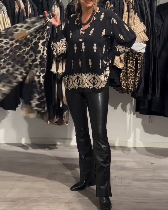 V-neck lantern sleeve printed shirt