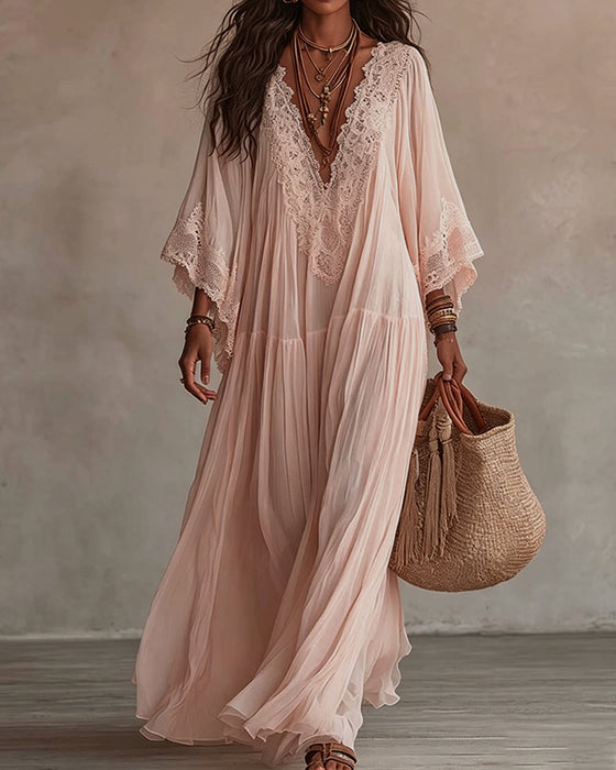 V-Neck Lace Patchwork Solid Color Dress