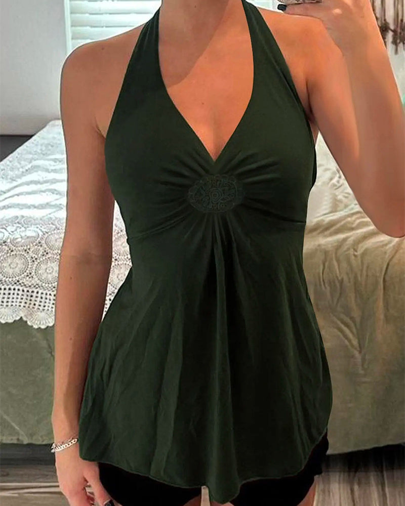 Halter V-Neck Twist Solid Tank Top