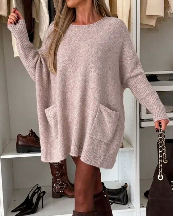 Round Neck Pullover Pocket Loose Pullover