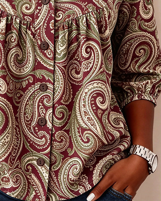 V-Neck Buttoned Shirred Printed Top