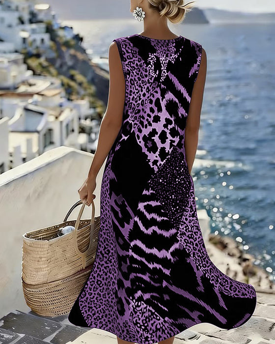 Patchwork Leopard Print Sleeveless Long Dress