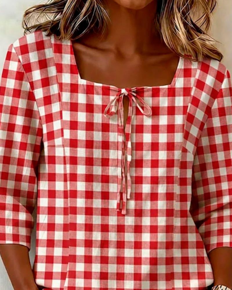 Plaid Square Neck Tie Three-Quarter Sleeve Blouse