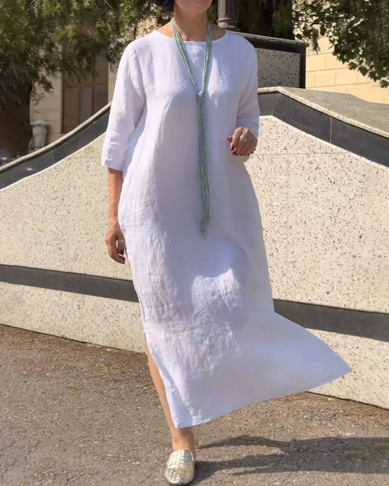 Crew Neck Solid Elbow-Length Sleeve Loose Dress
