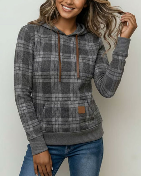Long-Sleeved Plaid Casual Hoodie