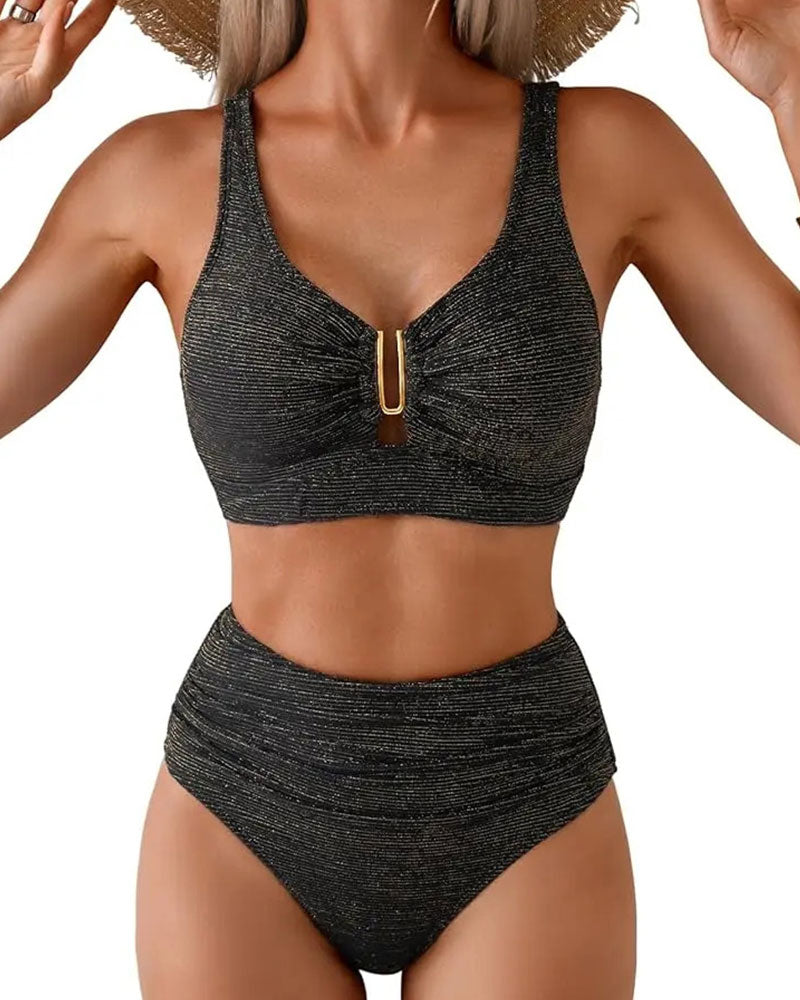 High-Waisted Striped Button Bikini